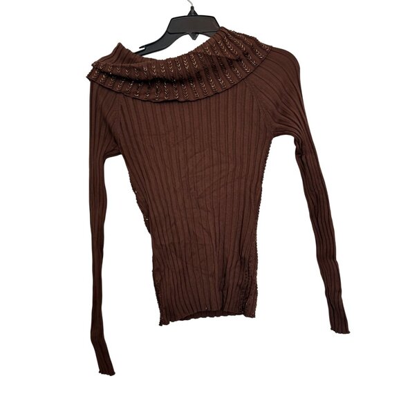 Caché Brown Cowl Neck Sweater Womens M Nylon/Rayon Ribbed Studded Detail Long Sl - Picture 6 of 7